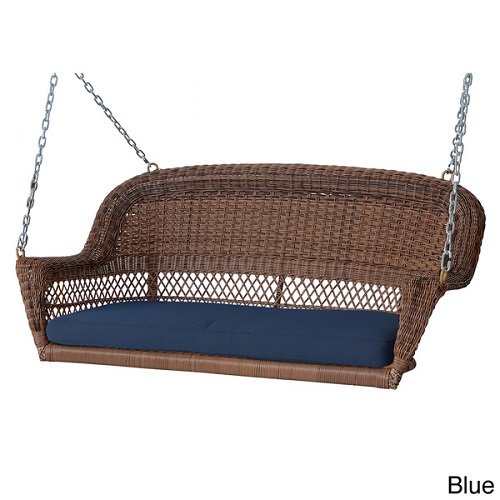 Honey Resin Wicker Porch Swing with Cushions Blue