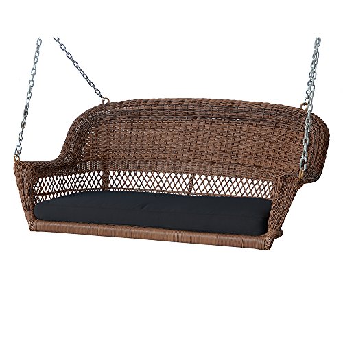 Jeco Honey Wicker Porch Swing with Black Cushion