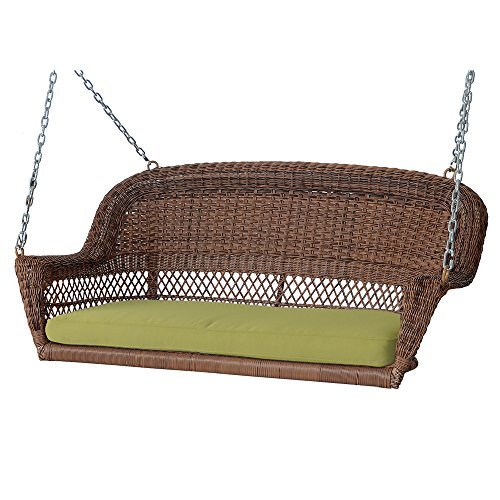 Jeco Honey Wicker Porch Swing with Green Cushion