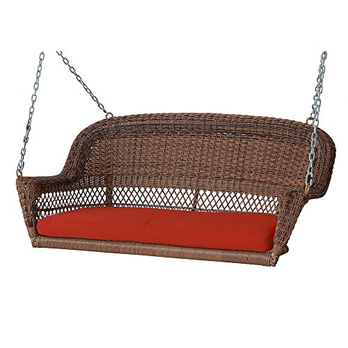 Jeco Honey Wicker Porch Swing with Red Cushion