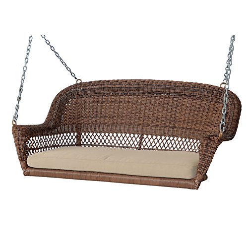 Jeco Honey Wicker Porch Swing with Tan Cushion