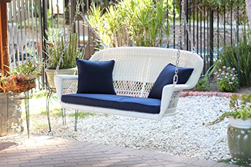 Jeco W00206S-B-FS011 White Wicker Porch Swing With Blue Cushion