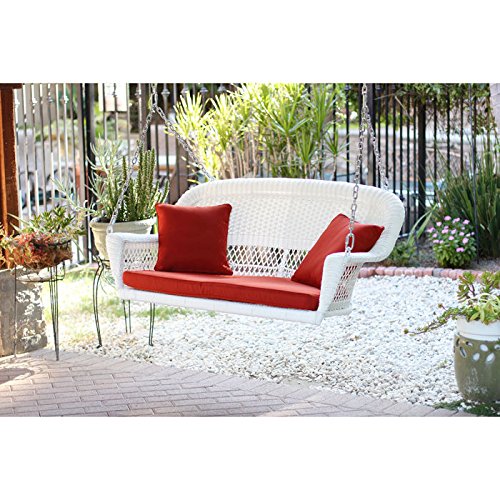 Jeco Wicker Porch Swing In White With Red Cushion
