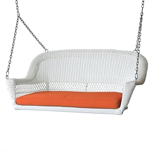 Jeco Wicker Porch Swing in White with Orange Cushion