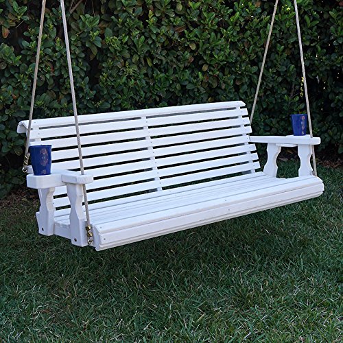 Amish Heavy Duty 800 Lb Roll Back Treated Porch Swing With Hanging Ropes And Cupholders 5 Foot Semi-solid White