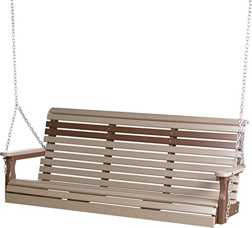 Outdoor Poly 5 Foot Porch Swing - Plain Rollback Design-Weatherwood and Chestnut Brown Color