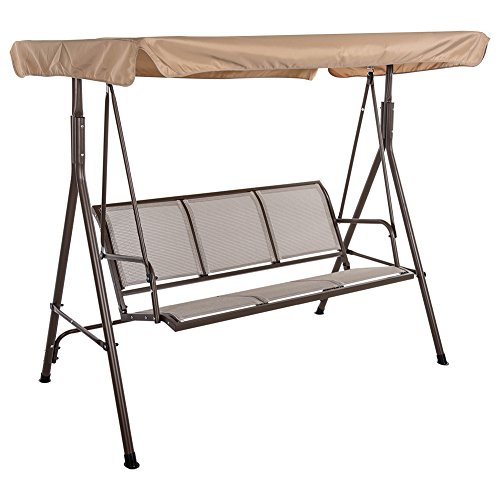 Sundale Outdoor Porch Swing Canopy Sling Chair 3 Seats With Steel Frame Patio Backyard Awning Khaki