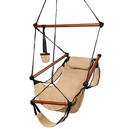 FCH Outdoor Air Deluxe Sky Swing Hammock Chair Hanging Rope Chair with Pillow Arm Arrest Footrest and Drink Holder for Patio Furniture Camping Travel Porch Lounge Brown