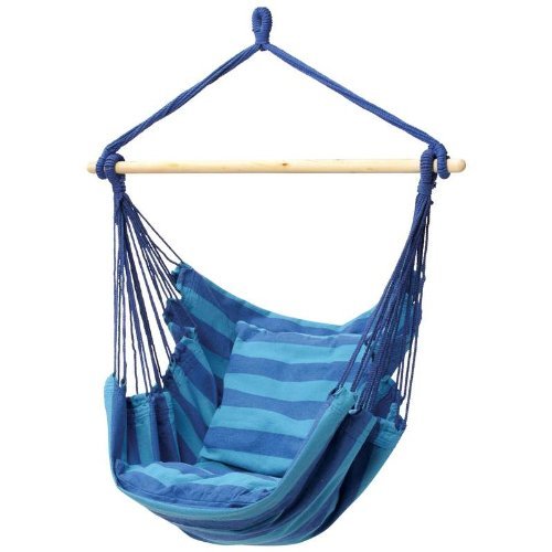 Flexzion Hanging Rope Chair Blue Portable Canvas Striped Swing Hammock Sleeping Bed Porch Seat With Pillow For