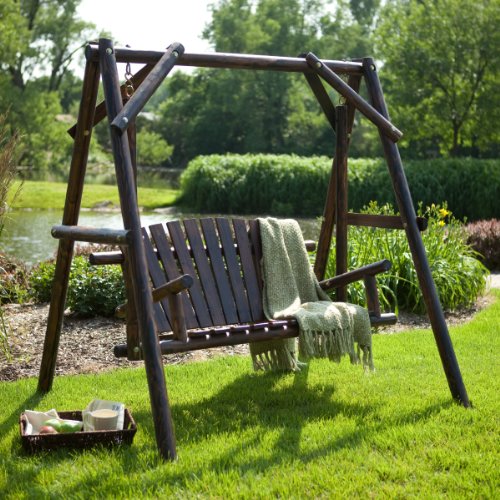 Wooden Porch Swing - Rustic Torched Log Curved Back Porch Swing And A-frame Set Wooden Swing Bench