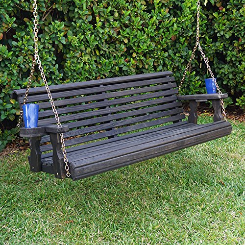 Amish Heavy Duty 800 Lb Roll Back Treated Porch Swing With Hanging Chains And Cupholders 4 Foot Semi-solid Black