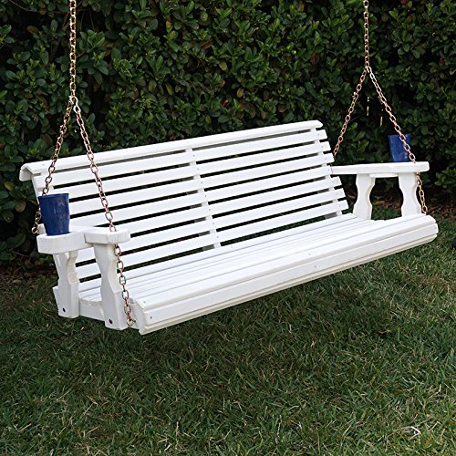 Amish Heavy Duty 800 Lb Roll Back Treated Porch Swing With Hanging Chains And Cupholders 5 Foot Semi-solid White