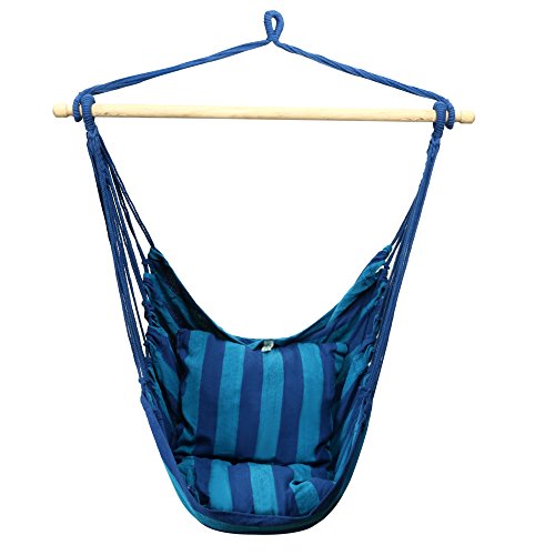 Ancheer Blue Hanging Cotton Hammock Chair Swing Seat With One Spreader Bar And Two Cushions, Max. 265 Lbs