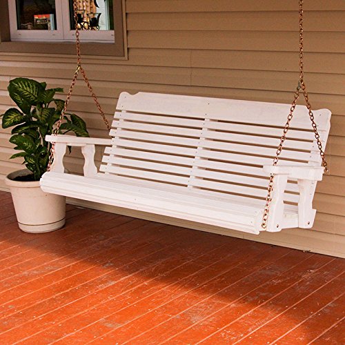 Amish Heavy Duty 800 Lb Classic Treated Porch Swing With Hanging Chains And Cupholders 5 Foot Semi-solid White