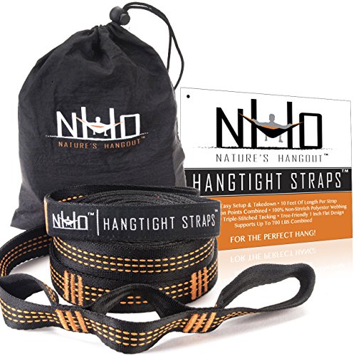 HangTight Hammock Straps - 10 Feet Long Extra Strong Lightweight 2200 LBS Breaking Strength No Stretch Polyester 16 Adjustable Loops Tree Friendly Best Suspension System For Quick Easy Setup