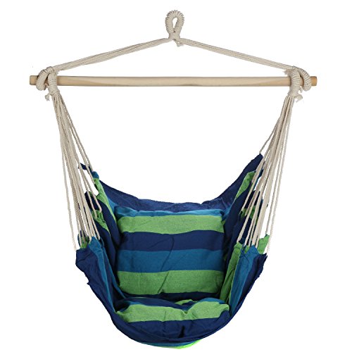 Arad Blue Green Hanging Rope Hammock Chair Swing Seat for Any Indoor or Outdoor Spaces- Max 265 Lbs -2 Seat Cushions Included