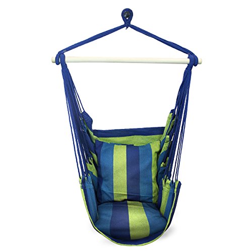Hammock Swing Chair Includes Hanging Rope and Two Seat Cushions Blue and Green Stripes Ideal for Indoor and Outdoor Relaxation