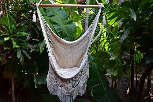 Hanging Hammock Chair Handmade Hanging Chair Cotton Rope Porch Swing Seat With Wood Stretcher Bar Organic Handmade Off-White Indoor or Outdoor Chair Macrame - Socially Positive Off-White