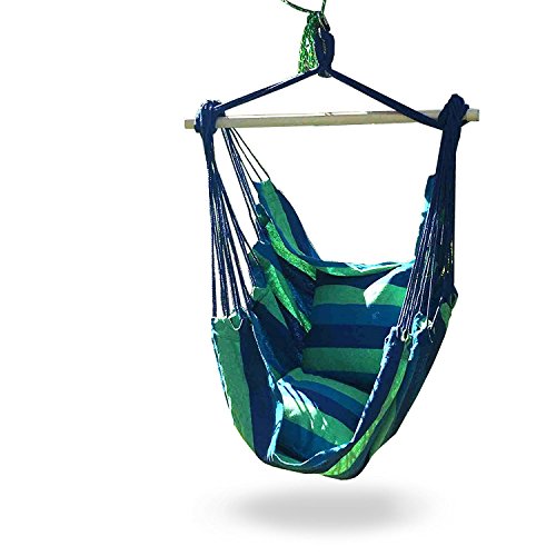 iCorer Hanging Hammock Chair Swing Seat for Indoor or Outdoor Spaces Blue Green Stripes 2 Seat Cushions Max 265 Lbs