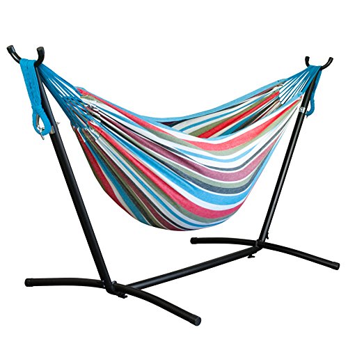 Driftsun Double Hammock with Steel Stand - Space Saving Two Person Lawn and Patio Portable Hammock with Tavel Case Rainbow