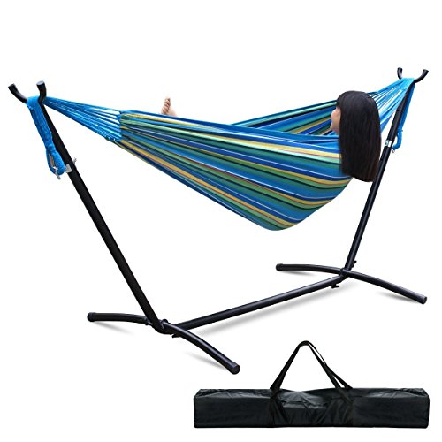 Double Hammock With Space Saving Steel Stand Includes Portable Carrying Case Desert Moon Stripe blue&ampgreen Stripe