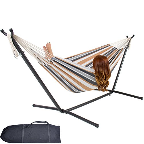 Double Hammock with Stand- 2-Person for Indoor or Outdoor Use Portable Carrying Case Coffe Stripe