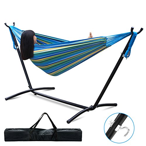 Nova Microdermabrasion Double Hammock with Space Saving Steel Stand 9 ft Including Portable Carrying Bag Blue