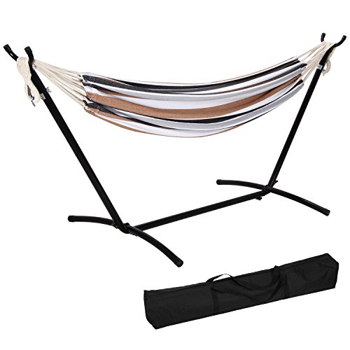 Ollieroo Double Hammock with Space-saving Steel Stand and Carrying Case 450lb Capacity Coffee Stripe