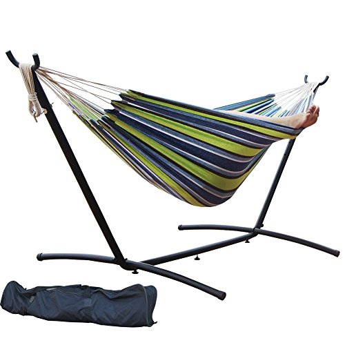 Prime Garden 9 Double Hammock With Space Saving Steel Hammock Stand Elegant Oasis Stripe