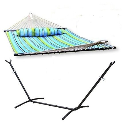 Smartxchoices Double Quilted Fabric Hammock Swing Bed Back Yard with Pillow Double Size Spreader Bar& 9 Heavy Duty Steel Hammock Stand Capacity 450lbs GreenBlue