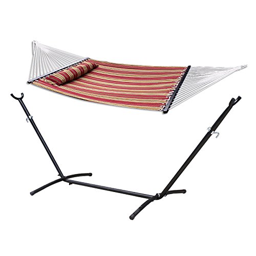 Smartxchoices Double Quilted Fabric Hammock Swing Bed Back Yard with Pillow Double Size Spreader Bar& 9 Heavy Duty Steel Hammock Stand Capacity 450lbs Red