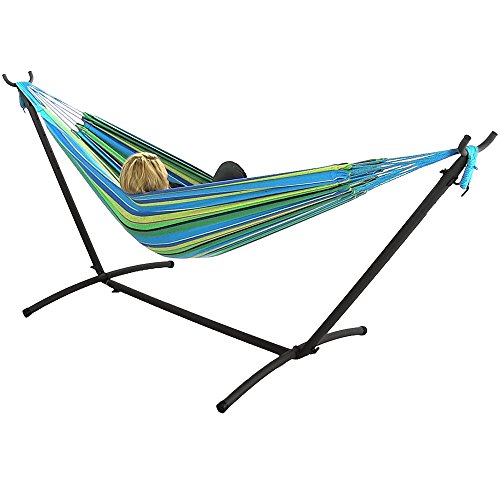 Sunnydaze Jumbo Brazilian Double Hammock with Stand Large 2-Person for Indoor or Outdoor Use Sea Grass