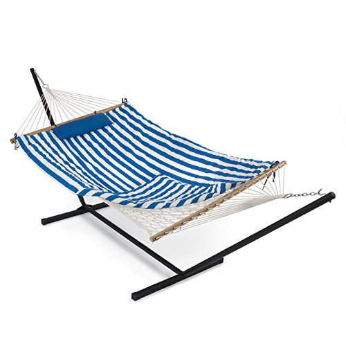 Belleze 12 ft Rope Hammock Combo with Stand Pad and Pillow iPad and Cup Holder Blue and White Stripe