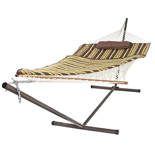 SueSport Rope Hammock Combo with 12 Feet Steel Stand Pad and Pillow 55 Inch Wide x 144 Inch Long Desert Stripe