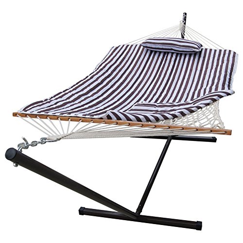 Sundale Outdoor 12 Feet Steel Stand with Rope Hammock Combo Quilted Polyester Pad and Pillow BrownWhite Stripe