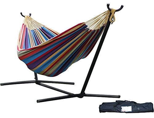 Brazilian Style Double 100 Cotton Hammock With 9 Feet Space-saving Steel Stand And Bonus Free Carrying Case