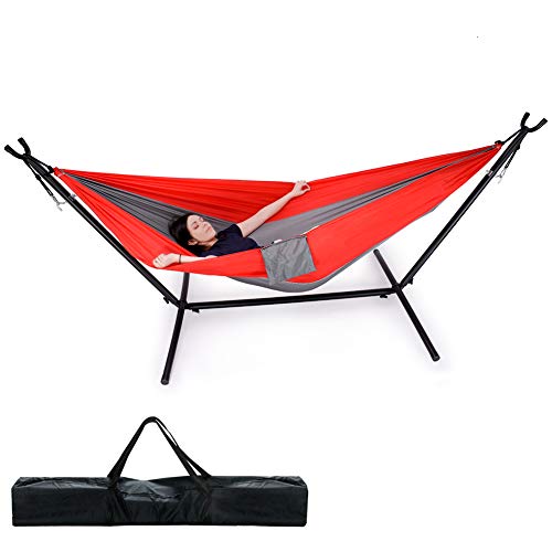Camping Hammock with Portable Space Saving Stand Lightweight Parachute Nylon Hammock Heavy Duty 2 Person Hammock Stand 550LBS Capacity Hammock and Stand Set for Travel Beach Yard Indoor Outdoor