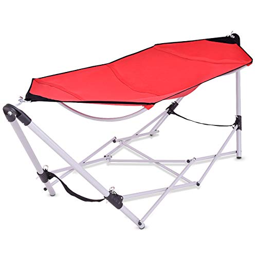 Giantex Portable Folding Hammock Lounge Camping Bed Steel Frame Stand WCarry Bag Red