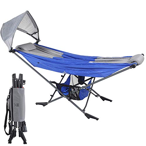 Mock ONE - Compact Portable Folding Hammock with Free Standing Frame includes Carrying Wrap and Sun Shade Perfect for Outdoor Patio Camping Beach and Festivals BlueGray