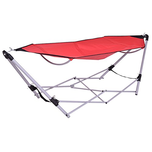 Portable Folding Hammock Red Lounge Camping Bed Steel Frame Stand Carry Bag NEW