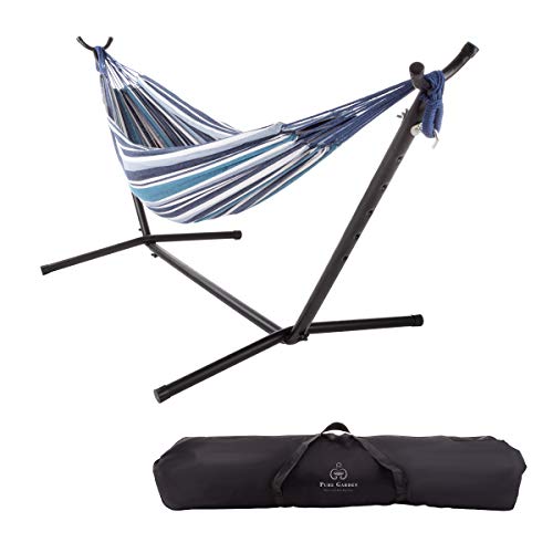 Pure Garden 50-LG1178 Double Brazilian Hammock with Stand- Woven Cotton 2-Person Outdoor Swing with Frame for Camping Backyard or Patio Blue Stripes