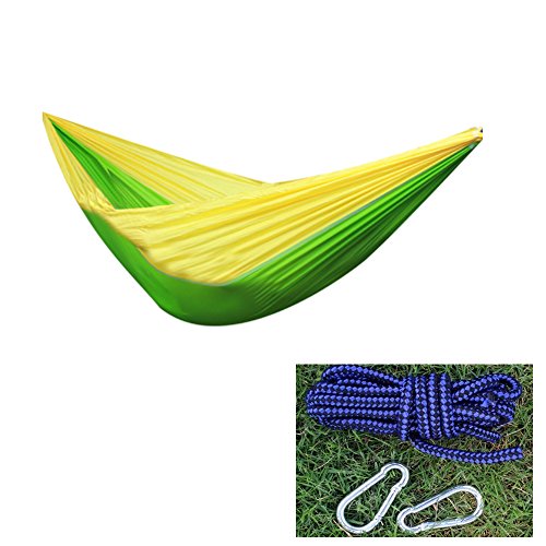 Vishm Portable 2 People Nylon Taffta Hammock with Free Carabiners and Ropes Included For Backpacking Camping Hiking Travel Beach Yard98 x 51-Stand Weight Up to 600 Pounds YellowGreen