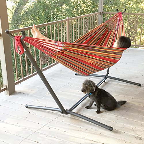 Apontus Double Hammock With Space Saving Steel Stand Includes Portable Carrying Case red Stripe