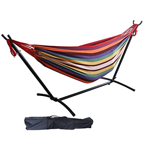 Apricis Portable Double Hammock with Space Saving Steel Stand for Patio and Lawn Weight Capacity 330LBRed Yellow Stripe