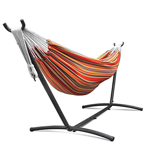Flexzion Double Hammock With Steel Stand Combo Space Saving Elegant Tropical Stripe With Portable Carrying Case
