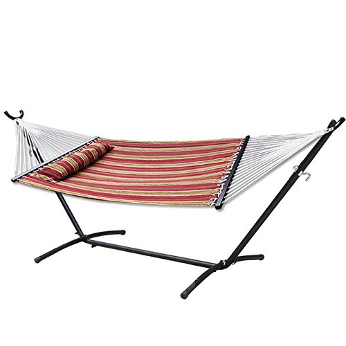 Quilted Double Fabric Outdoor Camping Hammock With Steel Stand 9 Ft Portable red Stripe