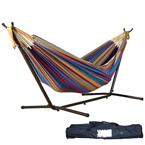 Ruhiku Patio Yard and Beach Outdoor Double Hammock With Space Saving Steel Stand Up to 450lbs Includes Portable Carrying Case