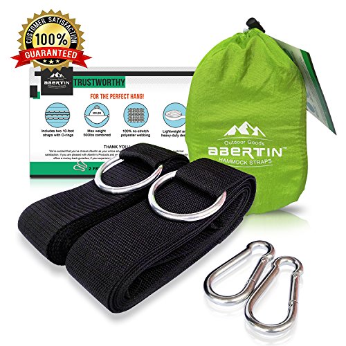 Hammock Straps Set of 2 Abertin Hammock Hanging Tree Straps - 100 No Stretch Heavy Duty Extra Long20 feet total Lightweight Portable Suspension System  with 2 Carabiners