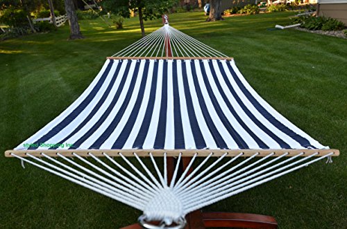 Deluxe Extra Large Two Person Blue and White Quilted Hammock Set with 15 Foot Long Metal Stand