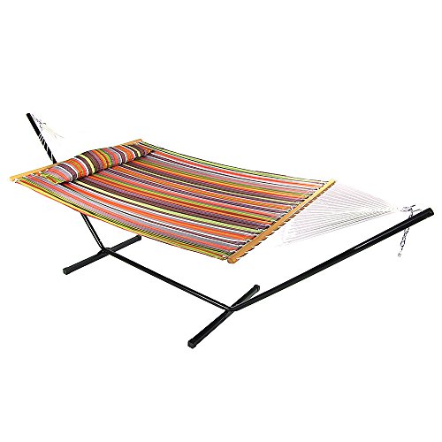 Sunnydaze 2 Person Freestanding Quilted Fabric Spreader Bar Hammock with Stand-Includes Detachable Pillow 350 Pound Capacity Canyon Sunset